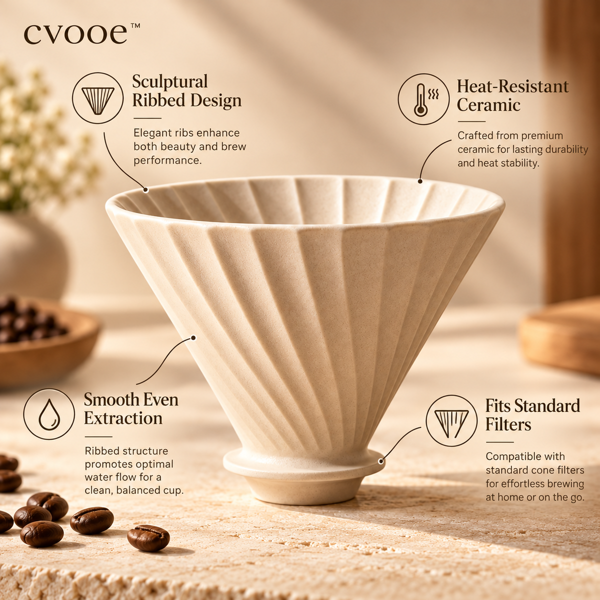 cvooe Sculptural Ceramic Coffee Dripper white background product view