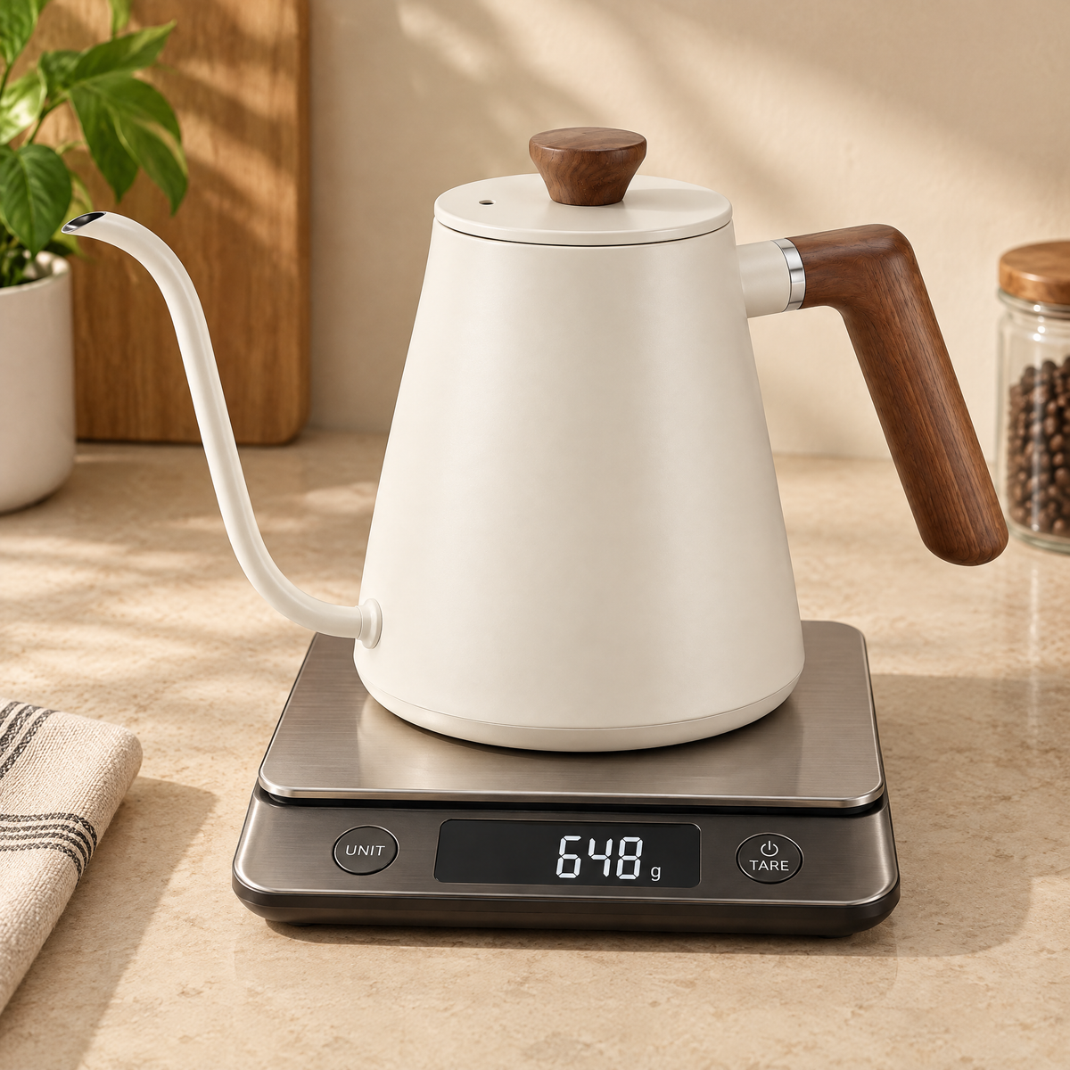 cvooe gooseneck pouring kettle on a scale showing 648 grams