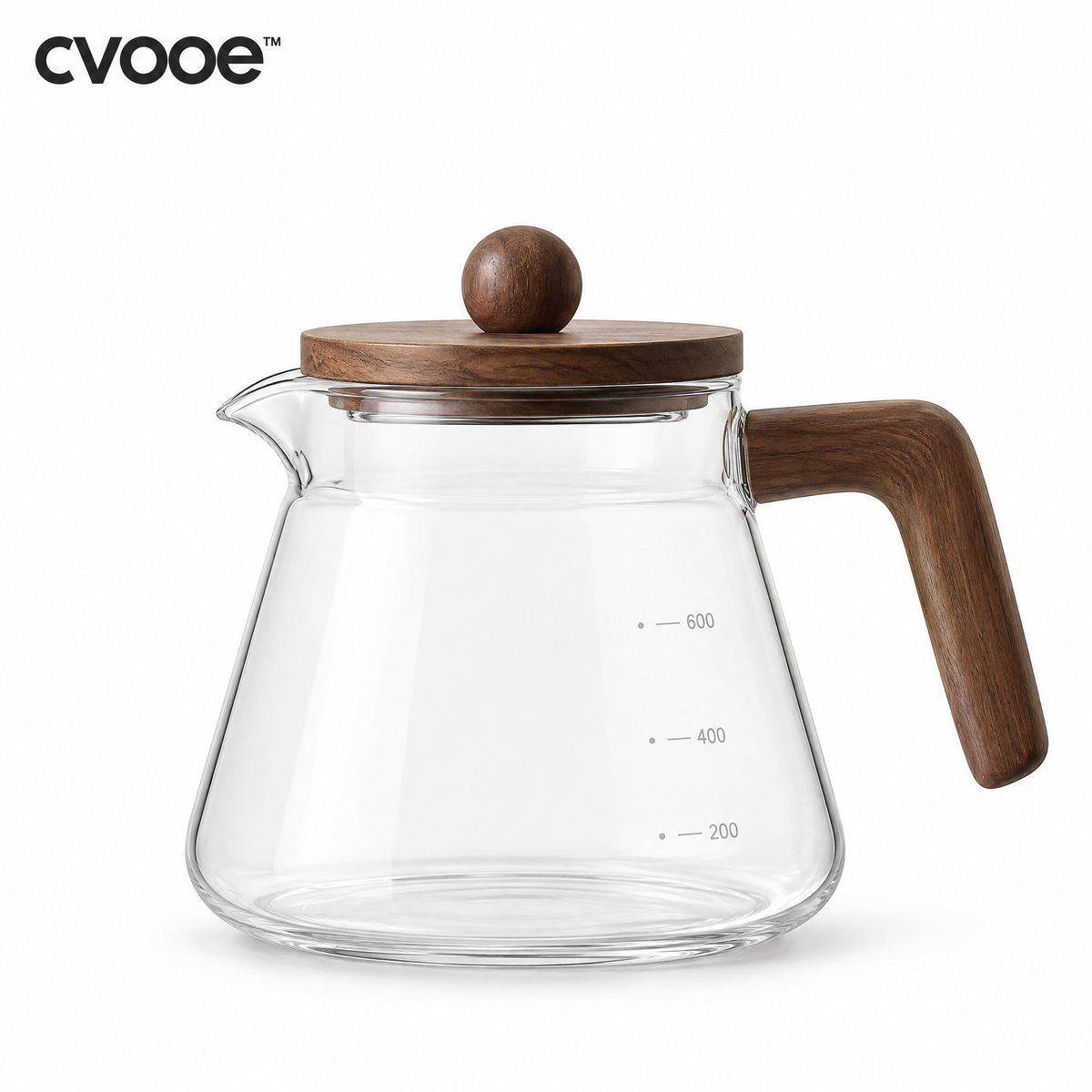 cvooe clear glass coffee server with wood-look lid and handle on white background