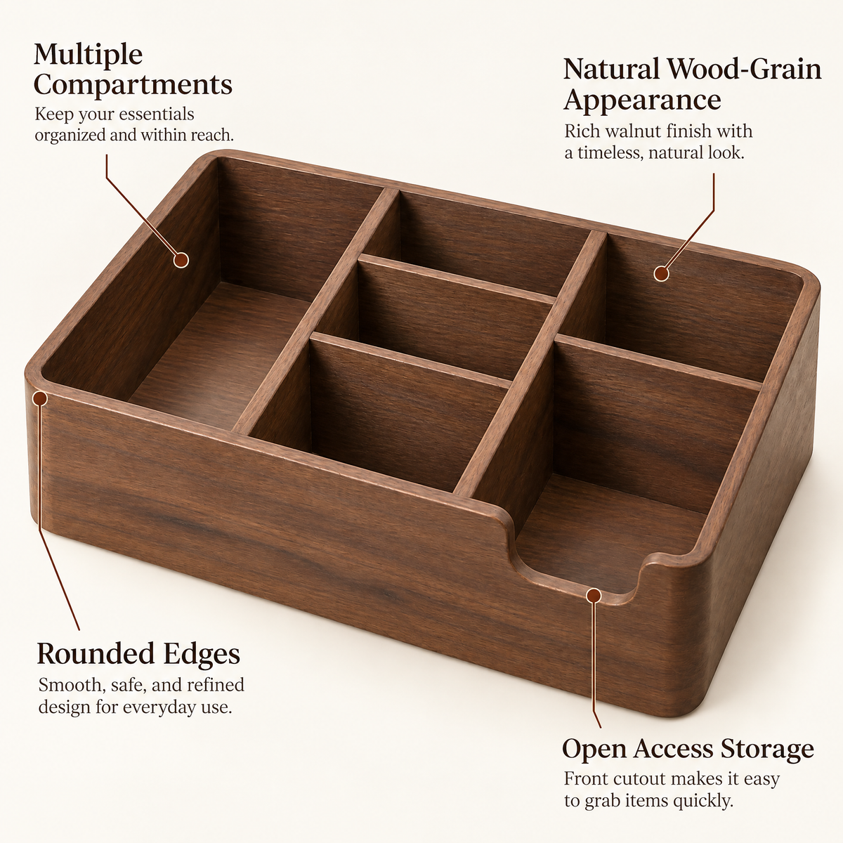cvooe™ Wooden Coffee Station Organizer — wood grain and compartment feature illustration