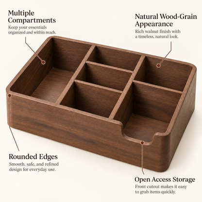 cvooe™ Wooden Coffee Station Organizer — wood grain and compartment feature illustration