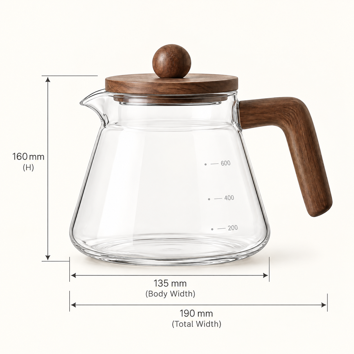 Dimensions diagram of the cvooe glass coffee server