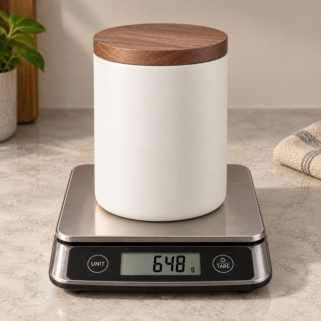 cvooe™ coffee bean canister illustrated weight on scale