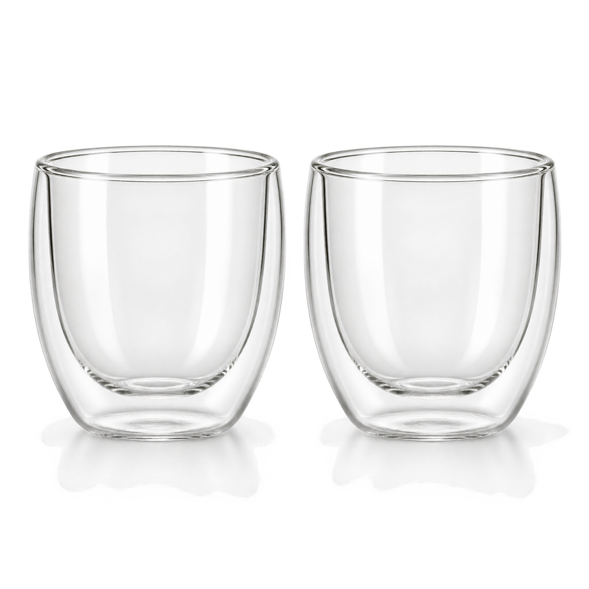 Product-only photograph of two clear double-wall coffee cups