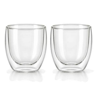 Product-only photograph of two clear double-wall coffee cups