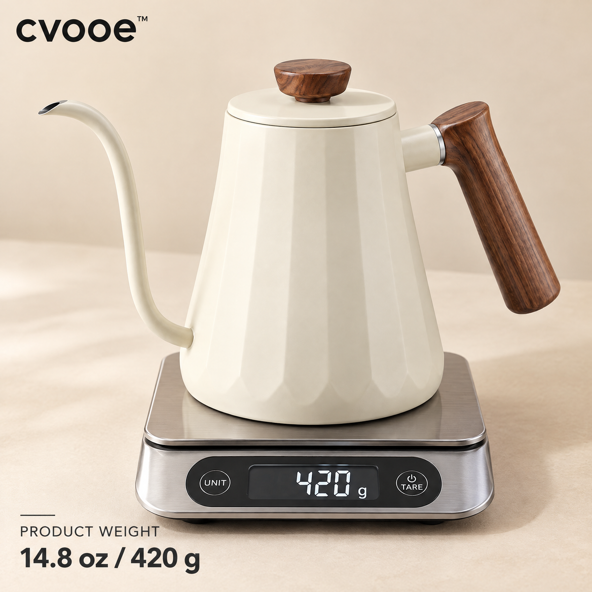 cvooe™ Precision Gooseneck Coffee Kettle weighing scale showing 420 grams