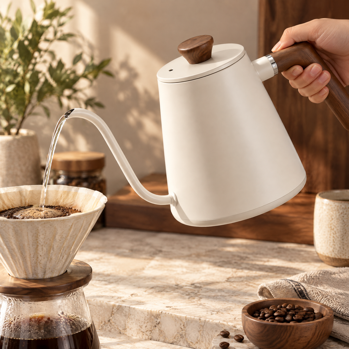 cvooe premium cream gooseneck coffee kettle pouring water into a ceramic dripper