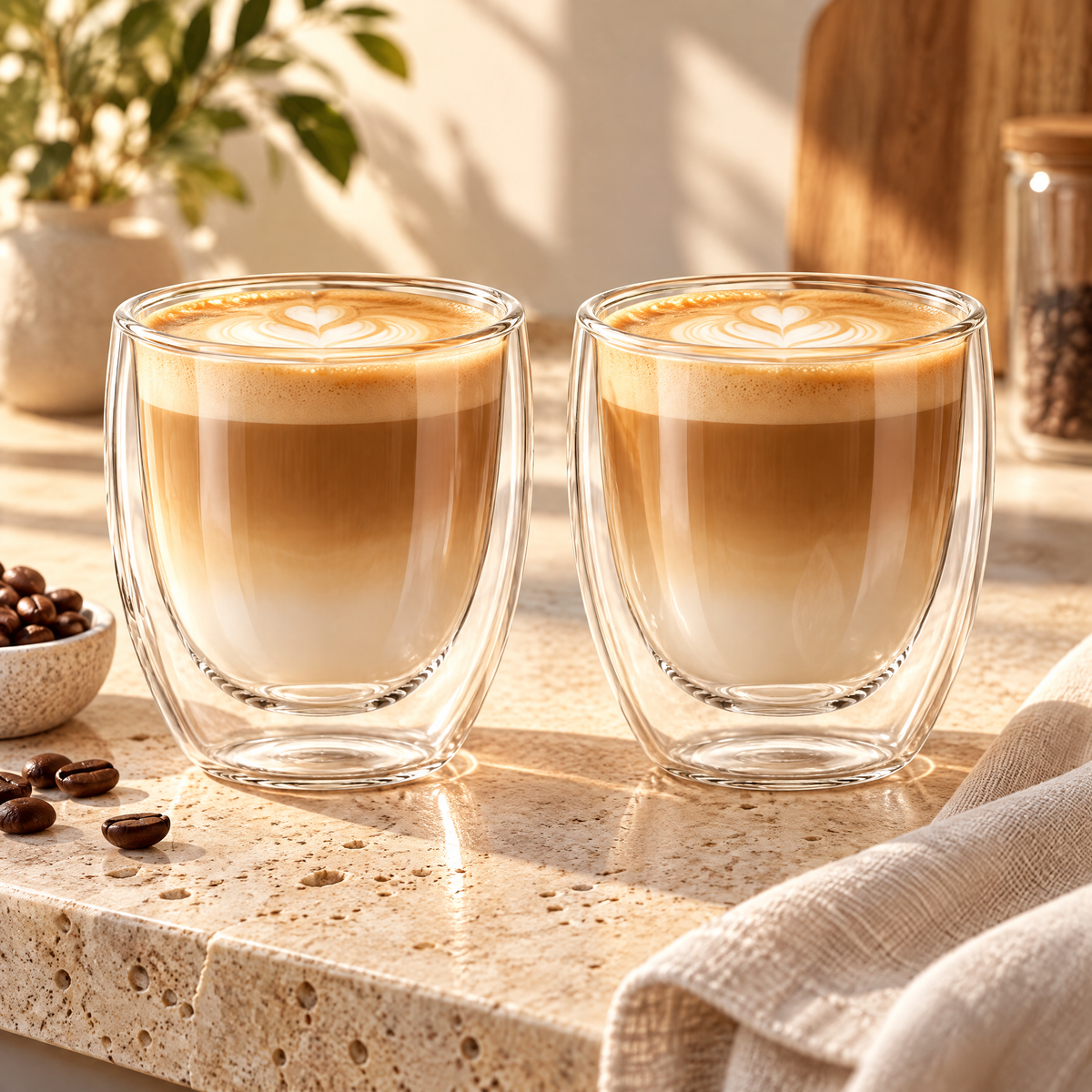 Two double-wall coffee glasses with latte art in warm kitchen setting