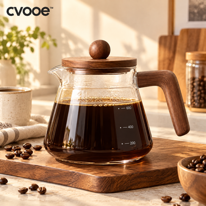 Lifestyle hero: cvooe glass coffee server with walnut-style lid, handle and brewed coffee