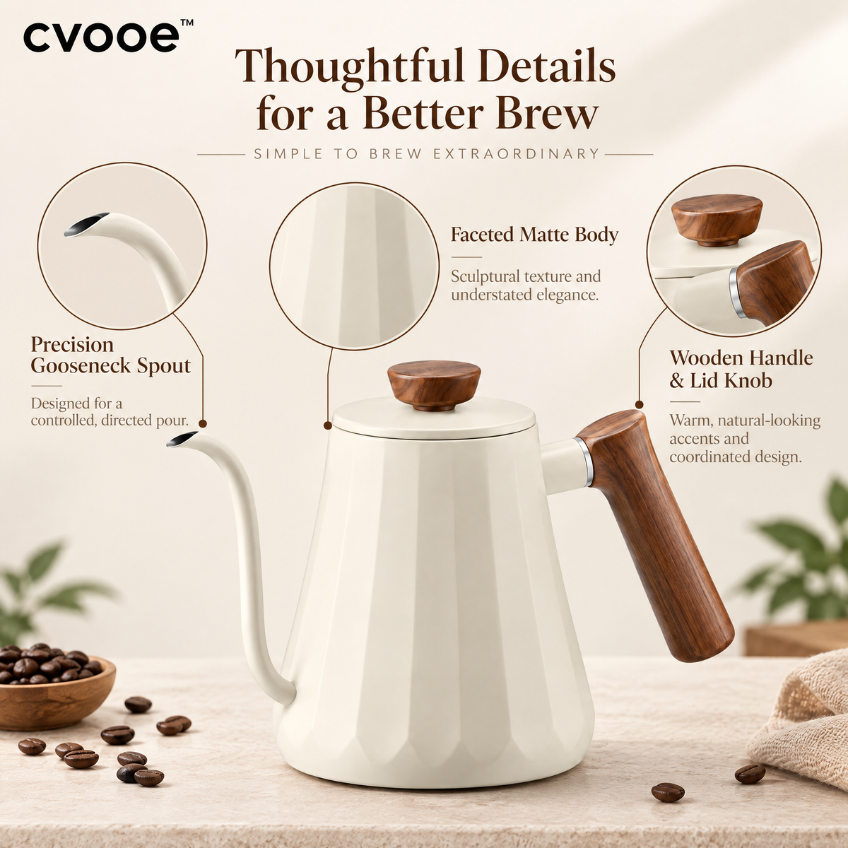 cvooe™ Precision Gooseneck Coffee Kettle features: spout, faceted body, wooden handle and lid knob