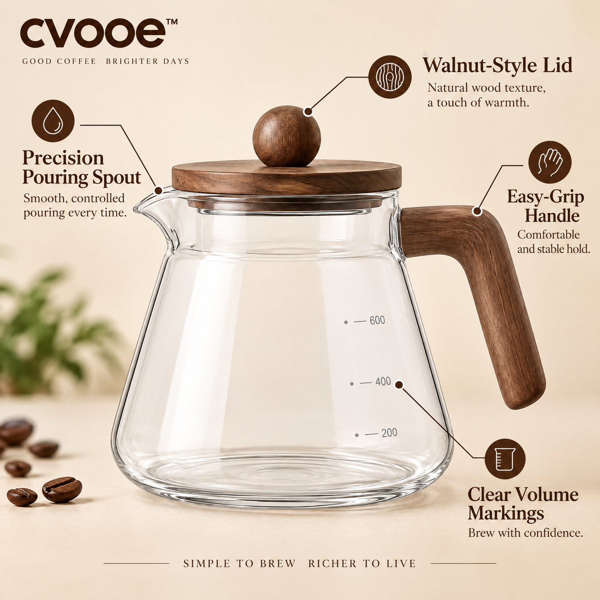 Four product features of the cvooe pour-over coffee server