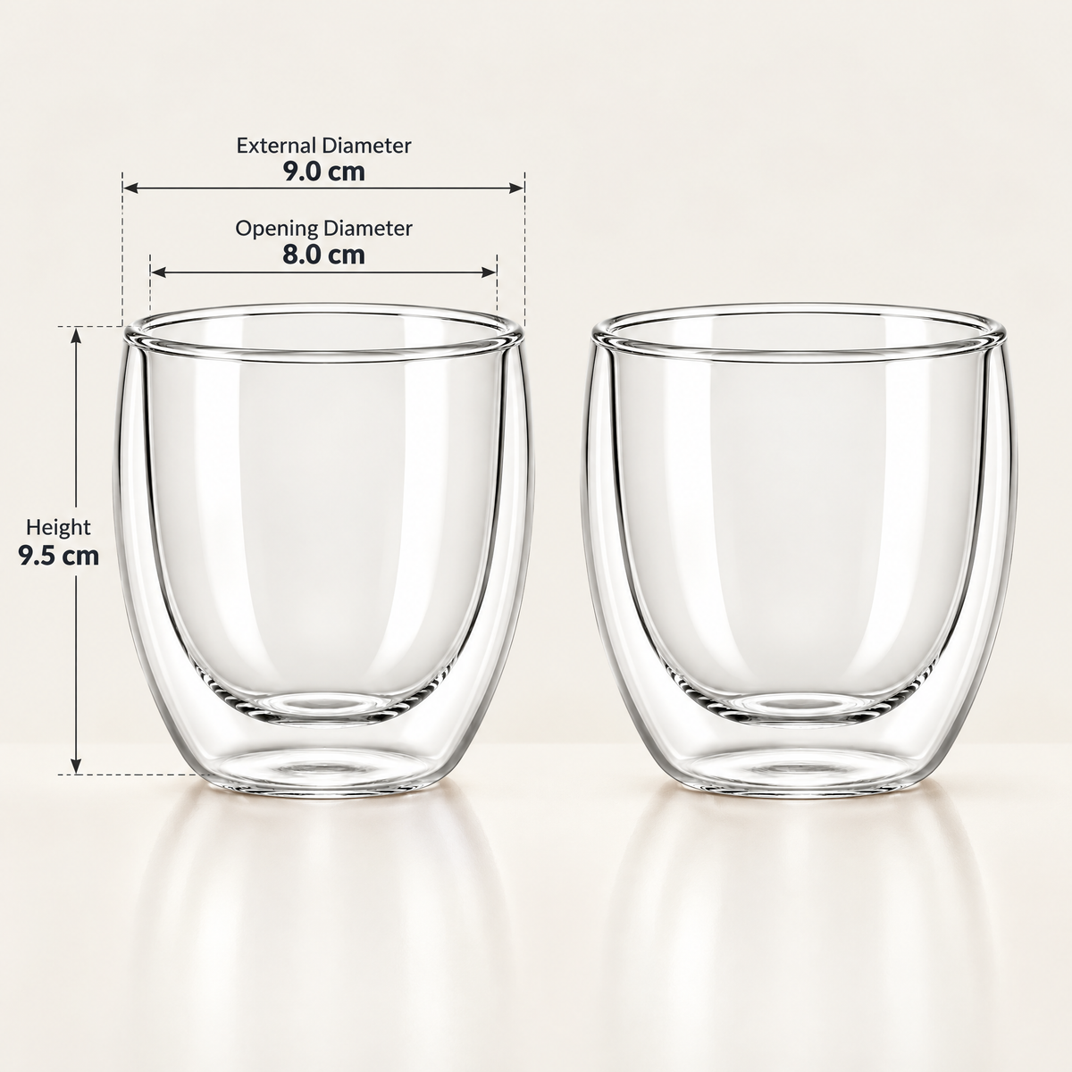 Dimensions of cvooe double-wall coffee glasses