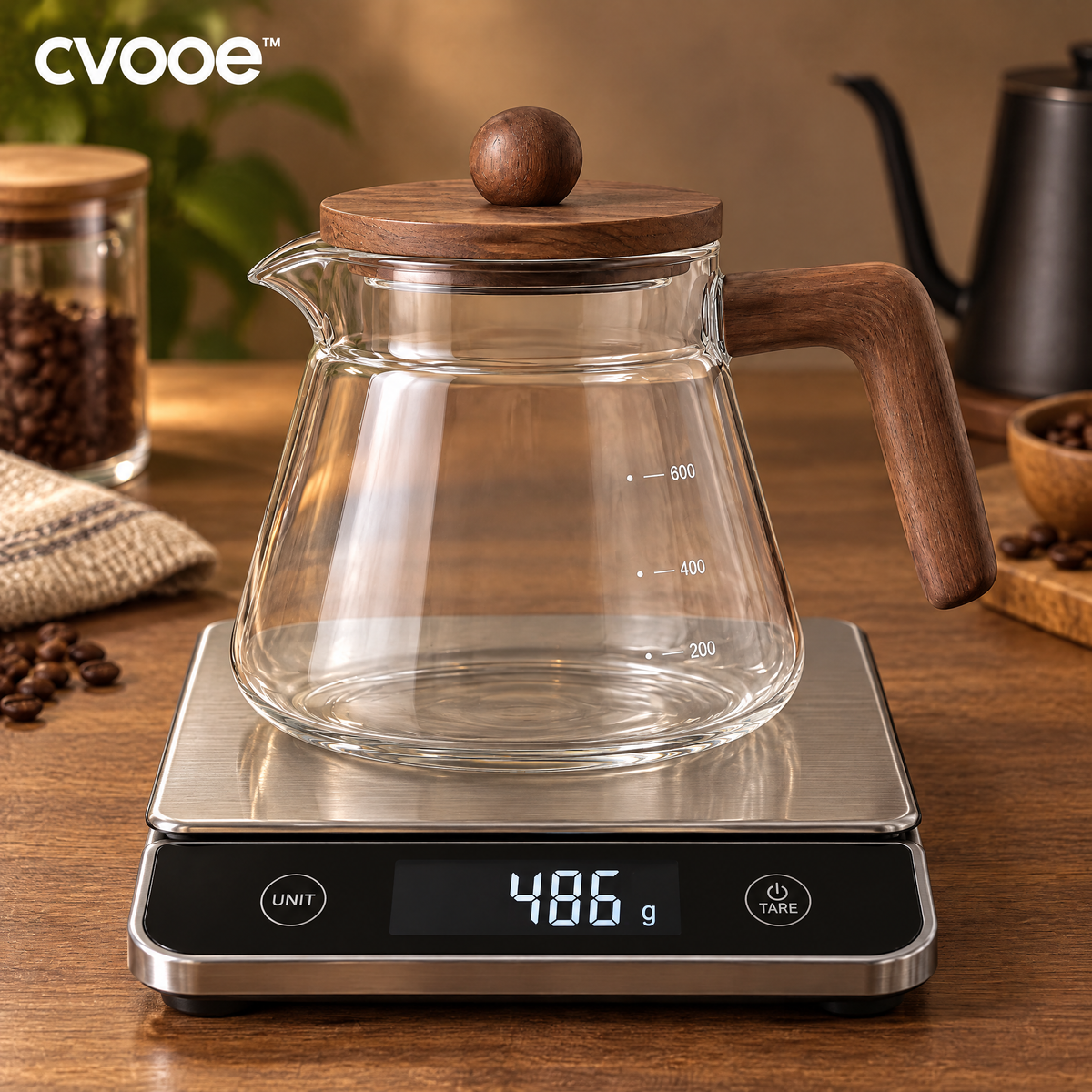 cvooe coffee server shown on digital weighing scale