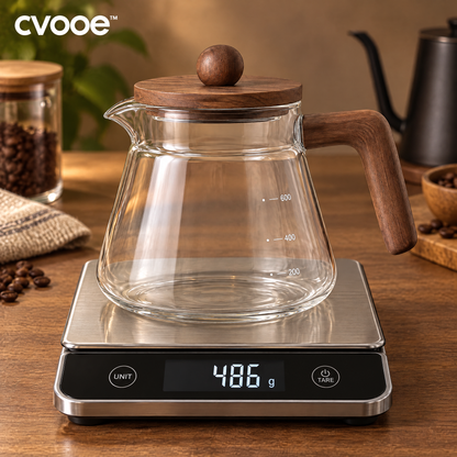 cvooe coffee server shown on digital weighing scale