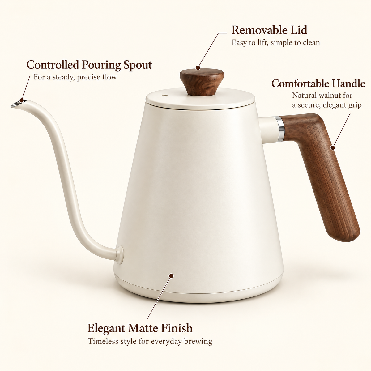 cvooe gooseneck kettle featuring a tapered pour spout, removable lid, walnut-look handle and matte finish